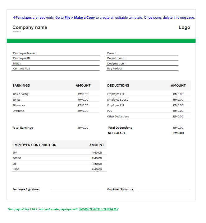Payslip template with HRDF